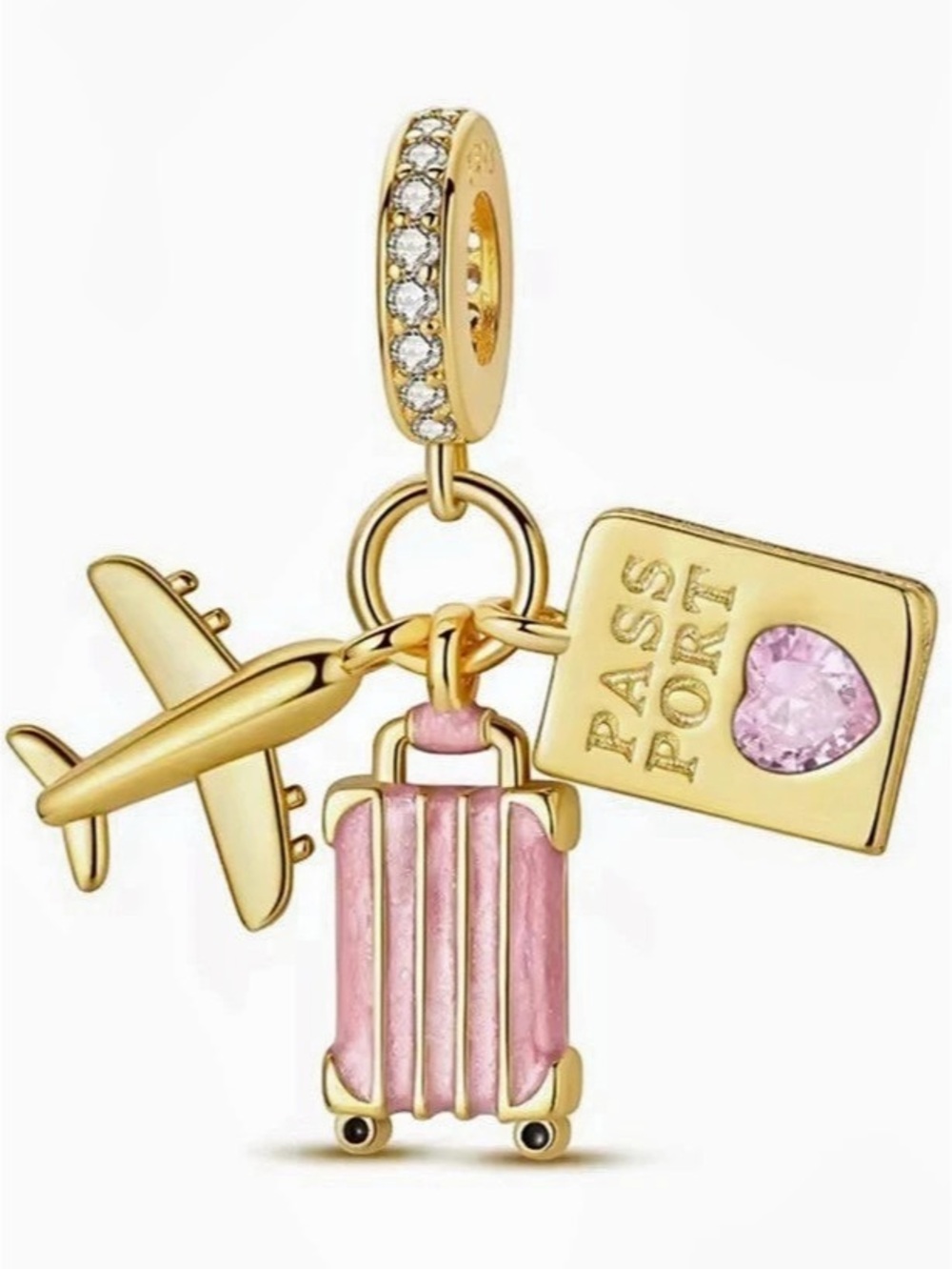 Pandora pink travel themed charm featuring a suitcase